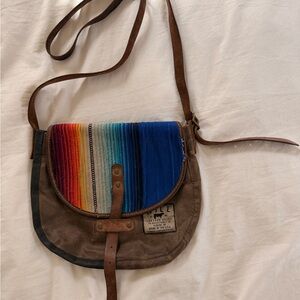 Vintage-Inspired Brown Canvas Crossbody with Rainbow Stripe Flap
